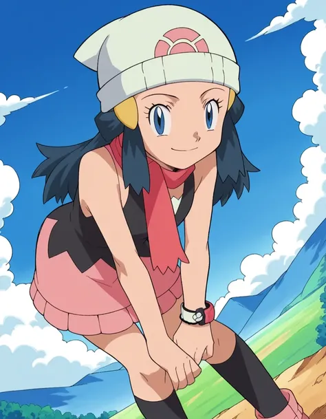 score_9, score_8_up, score_7_up, source_anime, pokemondawn, <lora:pokemon-dawn-anime-ponyxl-lora-nochekaiser:1>, pokemon dawn, black hair, blue eyes, sidelocks, long hair,, bare shoulders, beanie, black shirt, black socks, bracelet, hat, jewelry, kneehighs...