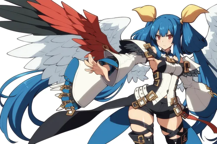 ,score_9,score_8_up,score_7_up,diji,1girl,asymmetrical wings,thighhighs,solo,twintails,bangs,blue hair,long hair,asymmetrical_wings,thigh belt,skin tooth,hair ring,black thigh high,whole body,bare shoulders,thigh,bangs,shadow,shorts,angel wings,belt,look a...