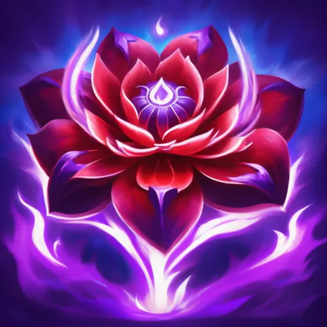 (((masterpiece))),(((bestÂ quality))),((ultra-detailed))ï¼SkillIcon, a red flowr with some white glowing runes on its surface, surrounded by purple flames, and a blue background,<lora:SkillIcondreamshapelocon-000044:0.6>