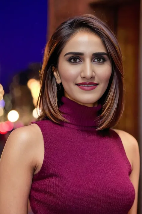 upper body photo of vaani kapoor woman, solo, bob hair cut, smile, looking at the camera,  Burgundy sleeveless turtleneck, night time, contrasting background bokeh,  <lora:Vaani_Kapoor_SDXL_LoRA_prodigy_local_xformers_HNE:1>