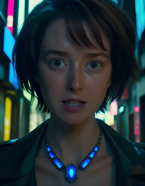 In a dimly lit, cyberpunk-inspired alleyway of Neo-Tokyo, the camera captures a striking close-up of SPT0R1, a woman with short brown hair and a distinctive mole on her left cheek. Her piercing brown eyes, adorned with heavy eyeliner, are fixed intently on...