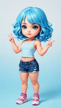 chibi airbrushed digital art, thick inked linework, bold colors, perfect full body composition, isometric dynamic pose, waifu, perfect hands with 4 fingers and 1 thumb, footwear, blue hair,  pure white background, distressed texture,