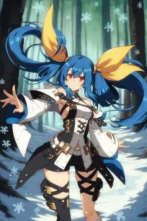 ,score_9,score_8_up,score_7_up,diji,1girl,standing,asymmetrical wings,solo,twintails,bangs,blue hair,red eyes,long hair,thigh belt,hair ring,thigh,shorts,look at the audience,the hair between the eyes,separated sleeves,((detailed beautiful snow forest with...