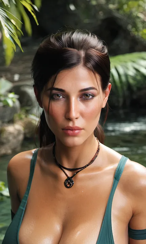 score_9, score_8_up, score_7_up, BREAK, zy_laracroft, 1girl, realistic, brown eyes, necklace, brown hair, ponytail, portrait, realistic, photo, real hair, detailed skin, ruins, jungle, highly detailed, detailed skin, depth of field, film grain,  <lora:zy_L...