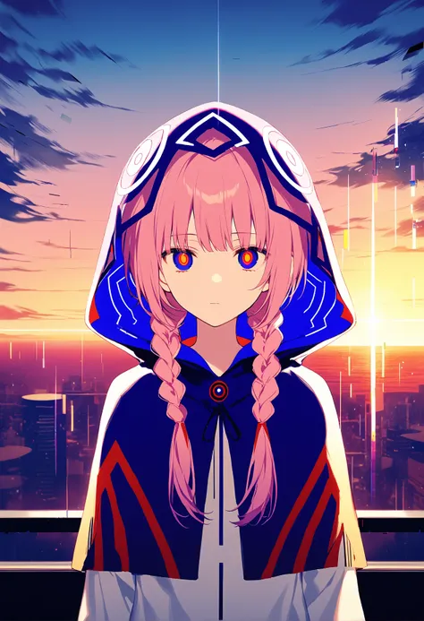 by achiki, kaf (kamitsubaki studio), kamitsubaki studio, 1girl, braid, capelet, cityscape, cloud, diffraction spikes, dusk, evening, expressionless, glitch, hood, hood up, hooded capelet, horizon, long hair, looking at viewer, low twin braids, multicolored...