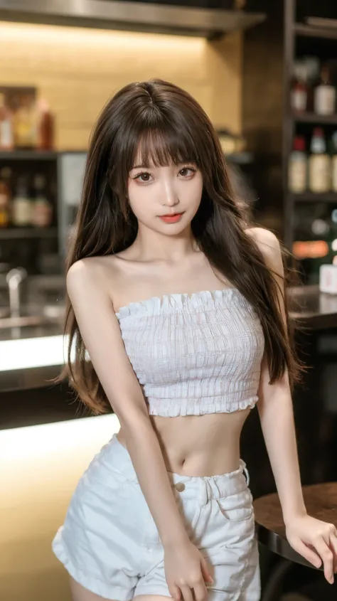 masterpiece,best quality,bright colors,solo,photo_,(1girl:1.3),(standing:1.3),(looking at viewer:1.4),Elegant,detailed gorgeous face,(cowboy shot:1.3),realistic,(bar background:1.1),,white skirt,tank top,frills,midriff,,,<lora:MIS96:0.75>,<lora:add_detail:...