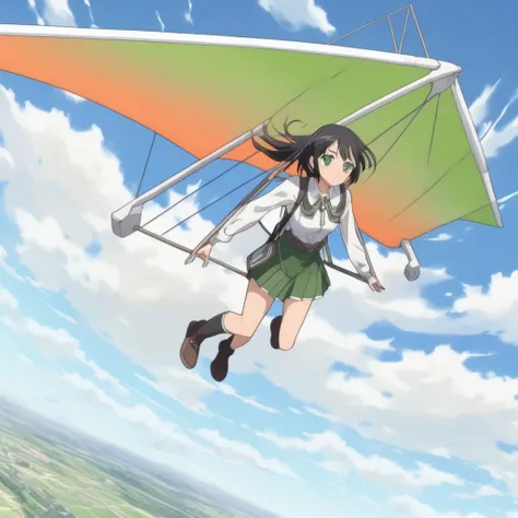 solo flier, horizontal hang glider, 1girl, school uniform, anime, facing viewer, front view, close view. close fov, no helmet, no eye protection, black hair, white skin, green eyes, sky, sun, clouds