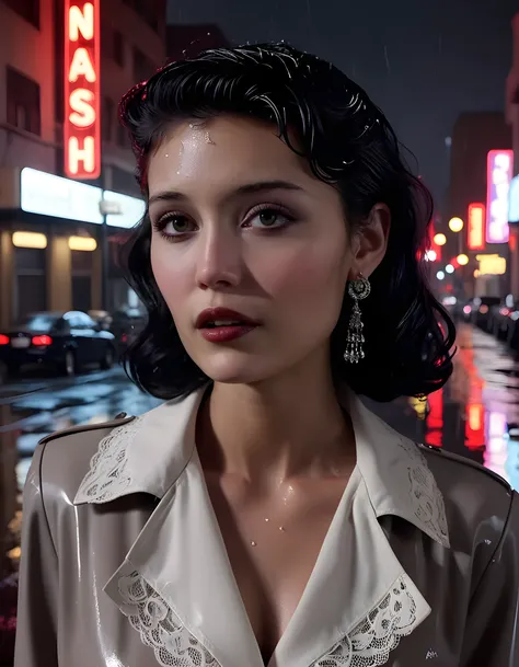 In a gritty, noir-inspired scene reminiscent of 1940s Los Angeles, a woman named N3V43H, with her striking black hair cascading down to her waist and brown eyes that hold a secret, is the lone figure framed in the foreground. Her plum-colored lips are part...