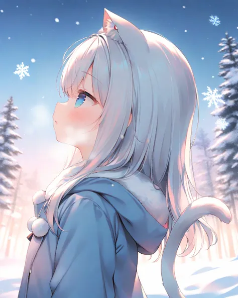 (Best-A:1.1),chen_bin,1girl, animal ears, tail, blue eyes, solo, cat tail, cat ears, cat girl, white hair, hood, long hair, animal ear fluff, hood down, outdoors, snow, blush, parted lips, upper body, tree, snowing, winter, snowflakes, fur trim, breath, lo...