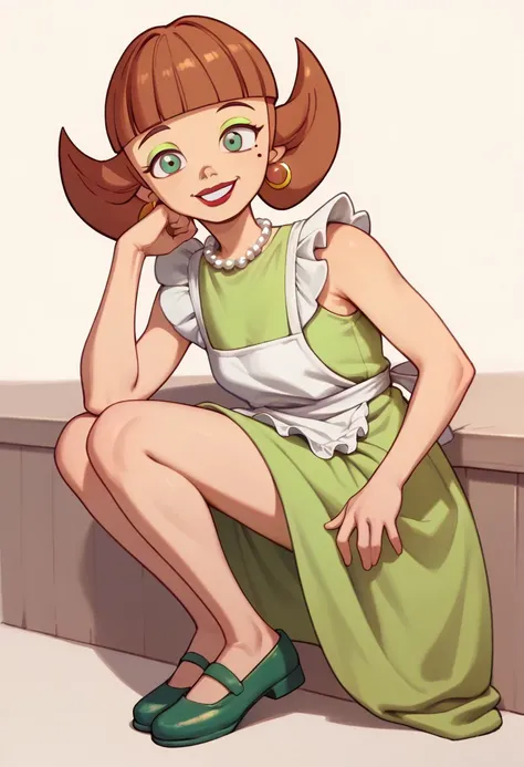 score_9, score_8_up, score_7_up BREAK LoopyMom, 1girl, brown hair, blunt bangs, green eyes, cyan eyeshadow, cheek beauty mark, red lipstick, gold hoop earrings, white pearl necklace, white apron, sleeveless green dress, bare legs, green shoes, smiling at v...