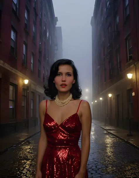 N3V43H, In a noir-inspired setting of rainy cobblestone streets illuminated by the dim, yellow glow of street lamps, a woman with raven-black hair cascading down her back and adorned in a vintage, sequined red dress that shimmers ominously amidst the wet p...