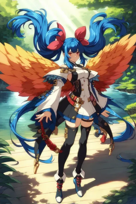 ,score_9,score_8_up,score_7_up,diji,1girl,thighhighs,solo,twintails,bangs,blue hair,long hair,asymmetrical_wings,hair ring,black thigh high,bangs,shadow,belt,look at the audience,the hair between the eyes,wide sleeve,red eyes,feather wings,separated sleeve...