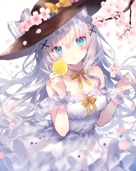 Best-A,onineko,1girl, bare_shoulders, blue_eyes, blush, branch, breasts, brown_hat, cherry_blossoms, cleavage, commentary, dress, english_commentary, food, fruit, hair_between_eyes, hair_ornament, hairclip, hat, head_tilt, highres, holding, holding_food, l...