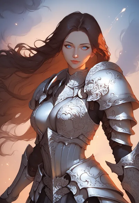 score_9, score_8_up, score_7_up, score_6_up, source_anime, <lora:MOC 0.1v:1>,
 1girl, solo, long hair, brown hair, white and silver armor, disassembling armor, red-handled sword, serene expression, blue eyes, floating armor pieces, light background, ethere...