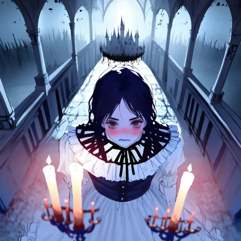 shot from above, female focus, 1girl, solo, vampire, shirt, frills, black neck ribbon, (best quality), looking at viewer, eerie landscape, castle, candles, horror (theme), mysterious aura, background focus, (high quality), cinematic, raw lighting, (masterp...