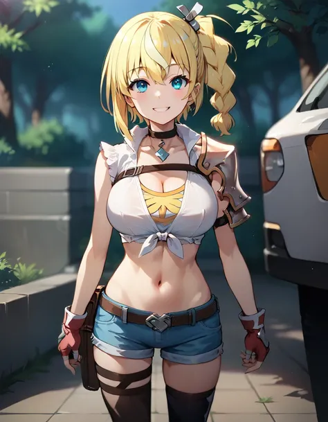 score_9,score_8_up,score_7_up,score_6_up BREAK official art,solo,outdoors,smile,looking at viewer,facing viewer,Lammis,long hair,blonde hair,multicolored hair,side ponytail,single braid,short braid,streaked hair,blue eyes,choker,cleavage,shoulder armor,whi...