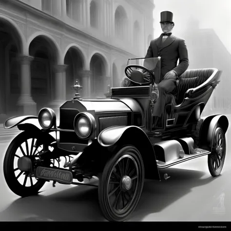 <lora:badBW> badBW, a veteran car being towed by a horse