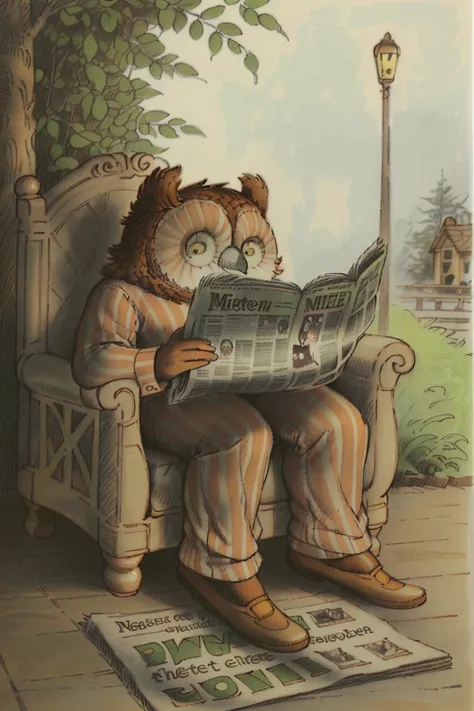 owl wearing pajamas, reading a newspaper outdoors, by Arnold Lobel  <lora:ArnoldLobel:1>