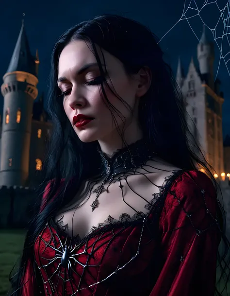 In a hauntingly enchanting, gothic-inspired scene, the ethereal R0Y4LC, clad in a flowing, blood-red Victorian dress adorned with intricate silver spiderwebs and crystals, poses serenely against an ominous, moonlit castle backdrop. Her long, raven-black ha...