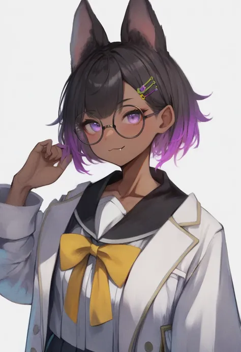 score_9, score_8_up, score_7_up, score_6_up, <lora:RECXL_P6_lokr_V43P1NF:0.95>  1girl, solo, animal ears, purple eyes, glasses, hair ornament, dark skin, fang, multicolored hair, dark-skinned female, dog ears, purple hair, upper body, white background, sho...