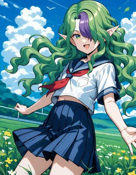 1girl, solo, (field:1.2), (sky:1.2), (flat chest, child:1.4), smile, open mouth, cowboy shot, 
misery, pointy ears, green eyes, two-tone hair, green hair, purple hair, long hair, hair over one eye, wavy hair, school uniform, serafuku, pleated skirt, <lora:...