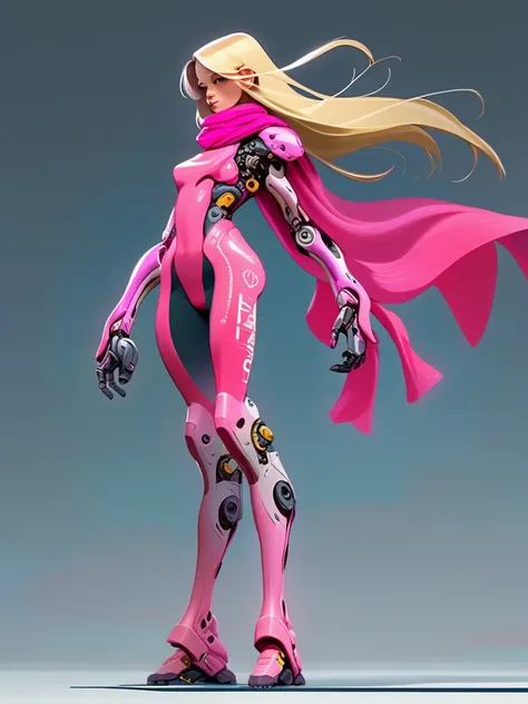 masterpiece, best quality, 1girl, bodysuit, full body , long hair, blonde hair, mechanical arms, medium breasts, pink scarf, science fiction, solo, standing, simple background