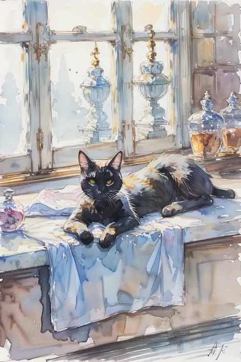 <lora:ArsMJStyle_-_Watercolor:0.8>> ArsMJStyle, Watercolor,  no human, single black cat, lying on a counter, sleeping