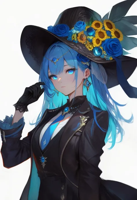 score_9, score_8_up, score_7_up, score_6_up, <lora:RECXL_P6_lokr_V43P1NF:0.95>  1girl, solo, blue eyes, gloves, blue hair, flower, jewelry, long hair, hat, black gloves, earrings, hair ornament, looking at viewer, white background, simple background, upper...