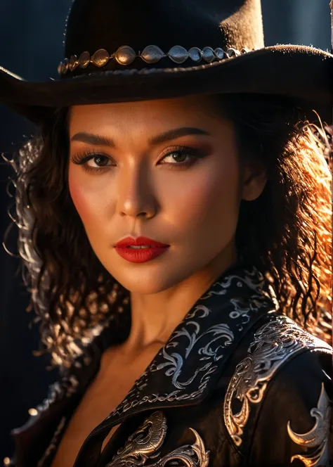 A captivating masterpiece of a woman, dark make up, (((cowboy shot))), glamour, dramatic, studio lighting, looking at viewer, background blurred, 8k, dragon, bloodwave, elegant, ornate clothing, high contrast, dramatic shadows, mysterious, cinematic,    <l...