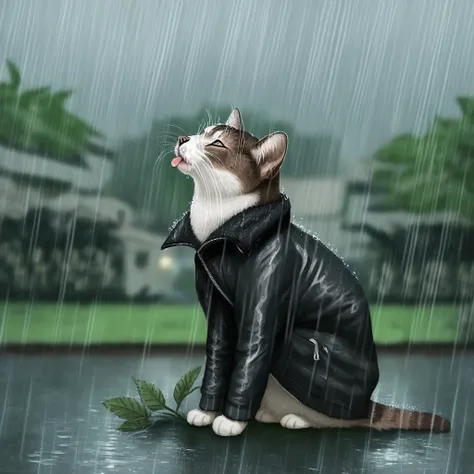 cat, whiskers, tongue, rain, plant, jacket, animal, full body, blurry background