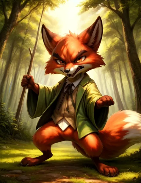 <lora:BreRabFoxN:0.8> BreRabFoxN, Fox,      green jacket,  (fighting stance, angry pose)
Male, Detailed multicolored skin, ( solo), [day, forest, trees, meadows, grass, clouds,] 
(beautiful, aesthetic, perfect, delicate, intricate), masterpiece, digital dr...