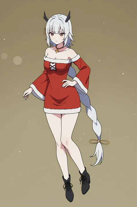 (santa costume), gg-ouroboros, necklace, 1girl, solo, narrow waist,skinny, masterpiece, absurdres, high quality, highres, best quality, (full body:1.20), recent <lora:gg-ouroboros-V01:0.6>