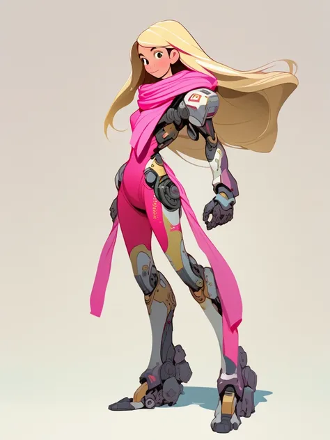 masterpiece, best quality, 1girl, bodysuit, full body , long hair, blonde hair, mechanical arms, medium breasts, pink scarf, science fiction, solo, standing, simple background