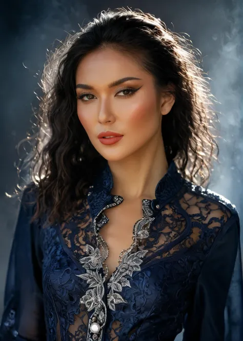 a captivating masterpiece of a woman, (((dressed in a western outfit))), ((upper body)), face, The intricate lace and silver details exude a very rebellious aura. ((The use of high-shine gloss adds a touch of glamour to the look)), ((while the dark blue an...