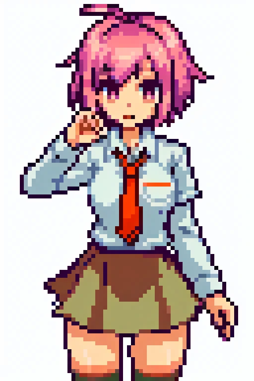 pixelart 1girl, sprite, solo, smile, blue eyes, simple background, brown hair, hair ornament, long sleeves, white background, closed mouth, upper body, hairclip, blurry, transparent background, folded ponytail, komaki manaka, 8bit, 16bit