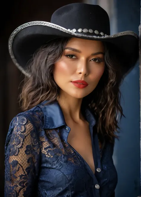 a captivating masterpiece of a woman, (((dressed in a western outfit, hat))), ((upper body)), face, The intricate lace and silver details exude a very rebellious aura. ((The use of high-shine gloss adds a touch of glamour to the look)), ((while the dark bl...