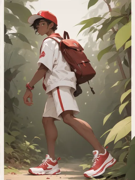 a brown and white sparrow wearing a red baseball cap and white sneakers on his feet walks in the Nigerian bush at night, anime style