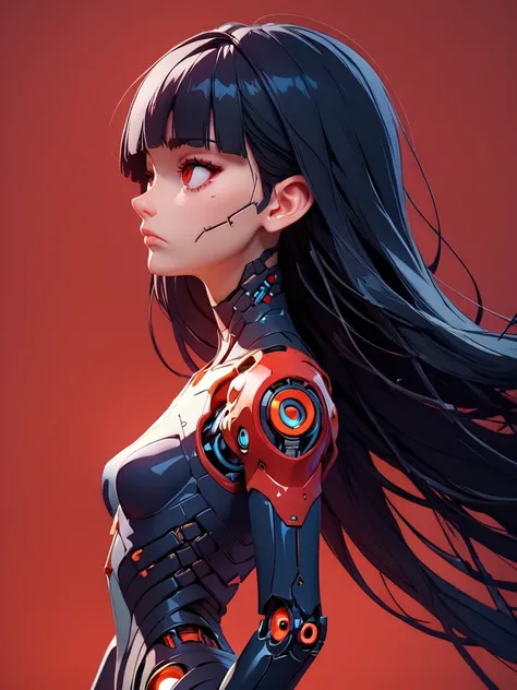 <lora:yousam-style-07:1> yousam-style ,3d render, 1girl, source_anime,  zPDXL, 1girl, solo, breasts, very long hair, bangs, simple background, black hair, red eyes, closed mouth, weapon, small breasts, blunt bangs, medium hair, from side, profile, floating...