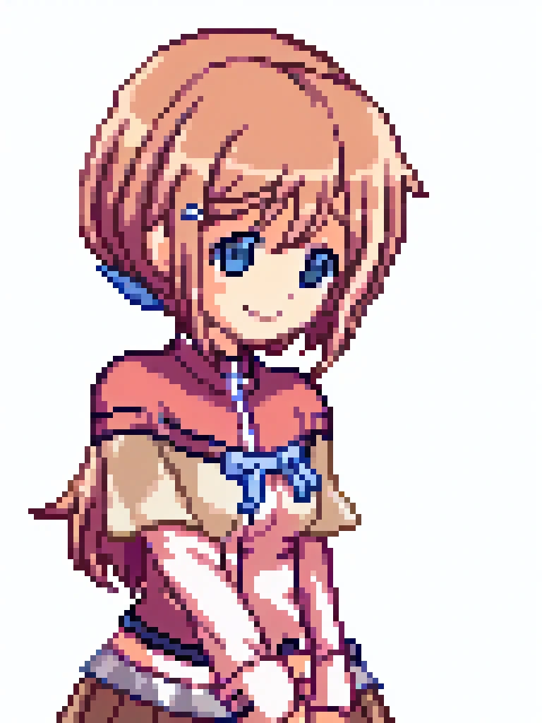 pixelart 1girl, sprite, solo, smile, blue eyes, simple background, brown hair, hair ornament, long sleeves, white background, closed mouth, upper body, hairclip, blurry, transparent background, folded ponytail, komaki manaka, 8bit, 16bit