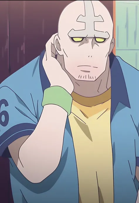 score_9, score_8_up, score_7_up, source_anime, rating_safe, Dekulad, 1boy, male focus, anime screencap, blue polo shirt, green wristband, yellow shirt,