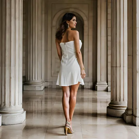 photorealistic, UHD, masterpiece, (full body in frame)1.4, beautiful woman, standing in front of a huge marble staircase, wearing a strapless dress, short dress, ends mid-thigh, diamond earrings, gold bracelets, high heels, long brown hair, athletic build,...