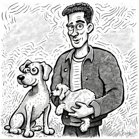 hatched_comix style drawing of a man with a dog