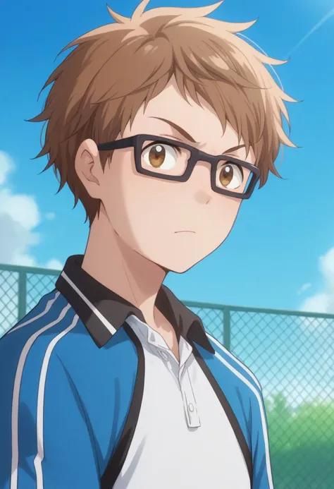 score_9, score_8_up, score_7_up, source_anime, highly detailed, 
toma, 1boy, male focus, solo, glasses, brown hair, sportswear, upper body,
looking at viewer, standing, brown eyes, tennis uniform, white shirt, blue shirt, raglan sleeves
outdoor, sky,