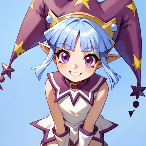 score_9, score_8_up, score_7_up BREAK CleoPB4, 1girl, light blue bob cut, blunt bangs, purple eyes, purple yellow jester hat, purple collar, sleeveless white dress, purple hemline, white purple boots, smiling at viewer,