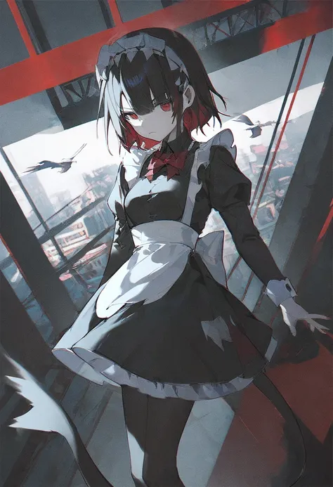 score_9, score_8_up, score_7_up, score_6_up, GRNY, A girl with short dark hair, adorned with white and red accents, headband, striking red eyes, determined look. Dressed in a maid outfit, black with white frills, large red bow at the back, long black sleev...