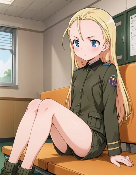 <lora:SG_eliseXL_pony_2m:0.8> 1girl, solo, elise, military jacket, shorts, indoors, sitting, between legs,