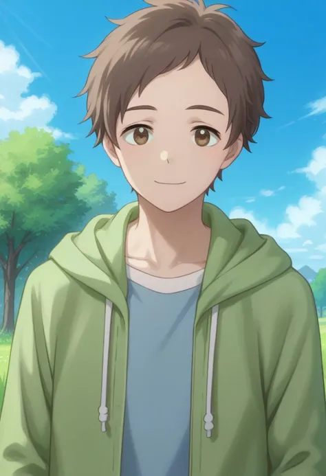 score_9, score_8_up, score_7_up, source_anime, highly detailed, 
yuuta, 1boy, male focus, brown eyes, brown hair, solo, smile, hood, sky, upper body,
cloud, hoodie, outdoors, green hoodie, open hoodie,  blue t-shirt
outdoor, grass, tree,