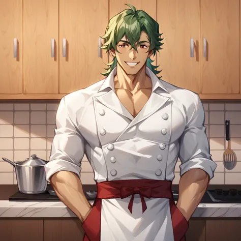 score_9, score_8_up, score_7_up, score_6_up, source_anime BREAK 1boy, JoeSk8, chef coat, red waist apron, green hair, masculine face, smile