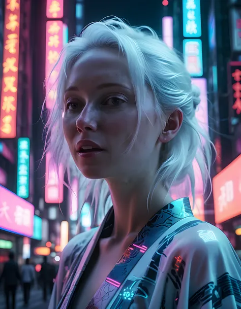 In a surreal, dystopian setting of neon-lit, cyberpunk Tokyo, the camera captures a close-up image of 4NGL3RU4, a woman with white hair cascading down her back like an ethereal waterfall, her eyes closed in deep concentration. Her unique outfit is a blend ...