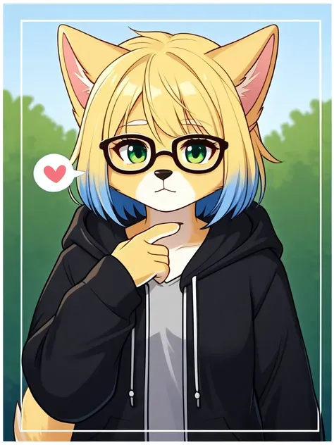 hands, nose, blonde hair, blue hair, body fur, border, closed eyes, closed mouth, eyelashes, furry, furry girl, glasses, green eyes, hand up, hood, hood down, hoodie, long sleeves, looking at another, focus, open clothes, open hoodie, outside border, short...